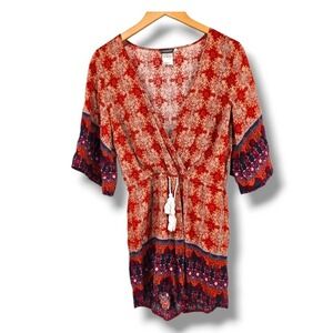 Earthbound Romper Red Paisley Print Drawstring Waist 3/4 Sleeve Size‎ L